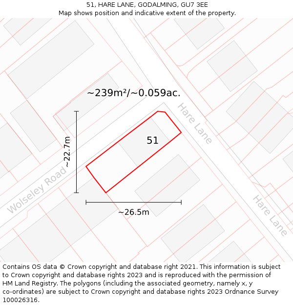 51, HARE LANE, GODALMING, GU7 3EE: Plot and title map