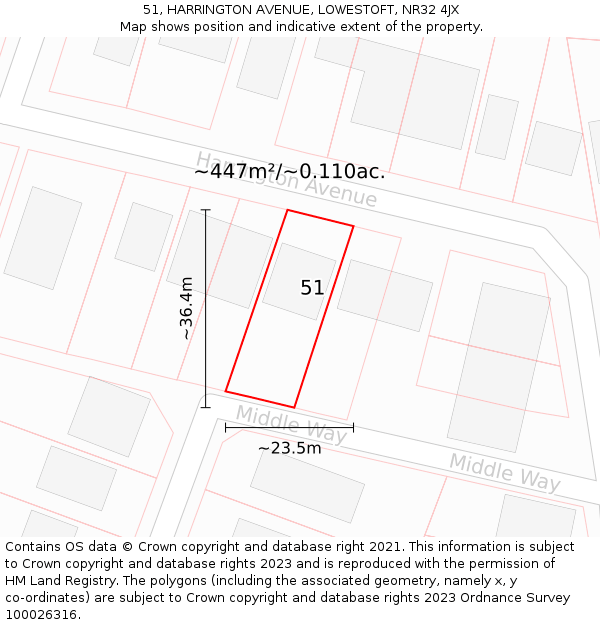 51, HARRINGTON AVENUE, LOWESTOFT, NR32 4JX: Plot and title map