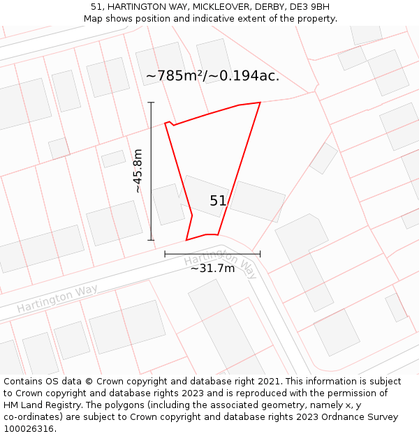 51, HARTINGTON WAY, MICKLEOVER, DERBY, DE3 9BH: Plot and title map