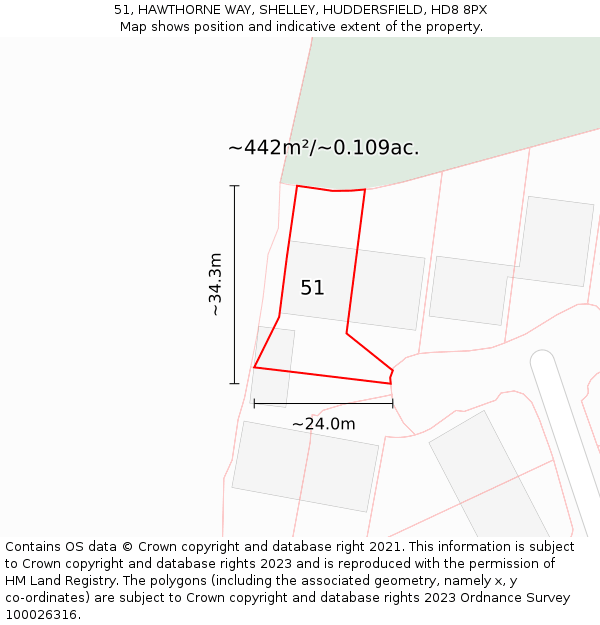 51, HAWTHORNE WAY, SHELLEY, HUDDERSFIELD, HD8 8PX: Plot and title map