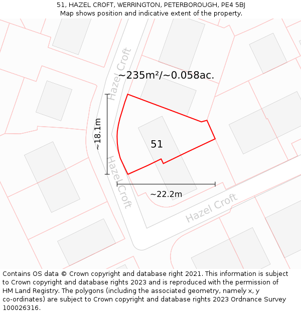 51, HAZEL CROFT, WERRINGTON, PETERBOROUGH, PE4 5BJ: Plot and title map