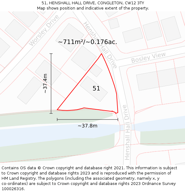 51, HENSHALL HALL DRIVE, CONGLETON, CW12 3TY: Plot and title map