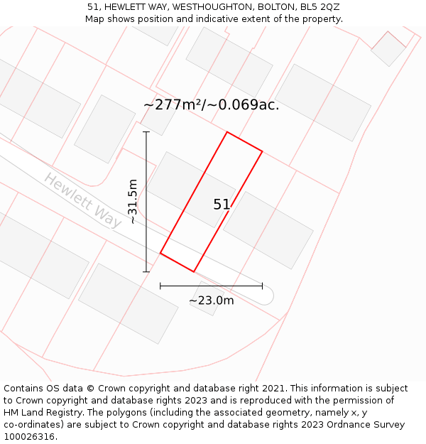 51, HEWLETT WAY, WESTHOUGHTON, BOLTON, BL5 2QZ: Plot and title map