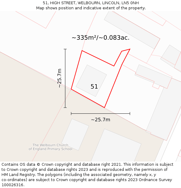 51, HIGH STREET, WELBOURN, LINCOLN, LN5 0NH: Plot and title map