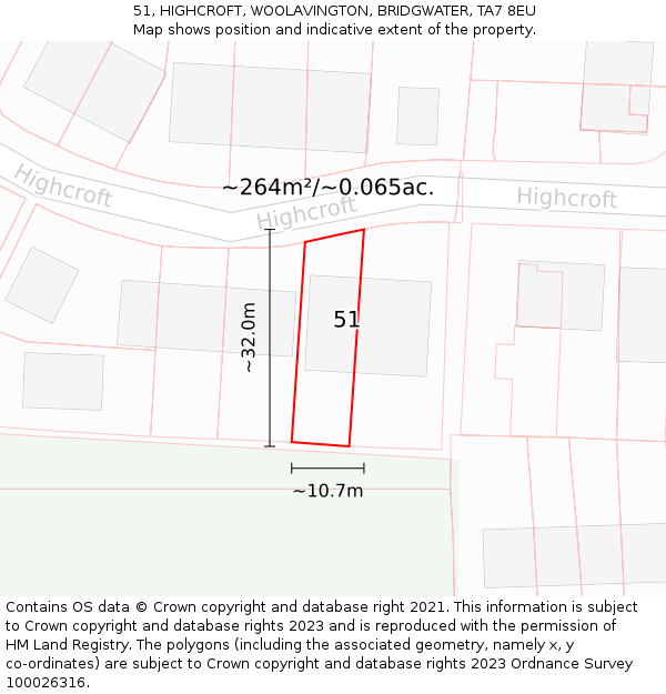 51, HIGHCROFT, WOOLAVINGTON, BRIDGWATER, TA7 8EU: Plot and title map