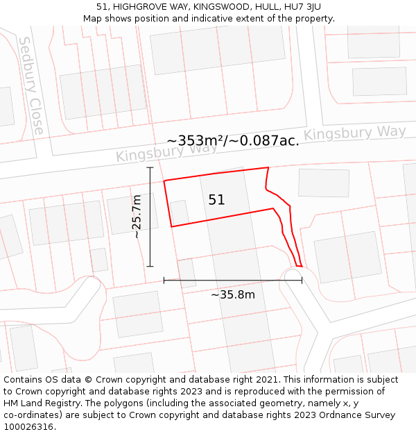 51, HIGHGROVE WAY, KINGSWOOD, HULL, HU7 3JU: Plot and title map