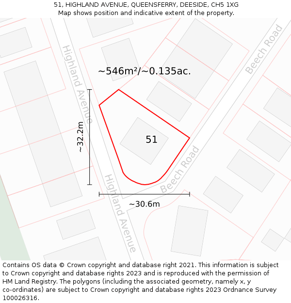 51, HIGHLAND AVENUE, QUEENSFERRY, DEESIDE, CH5 1XG: Plot and title map