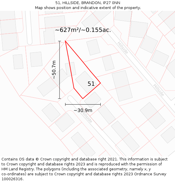 51, HILLSIDE, BRANDON, IP27 0NN: Plot and title map