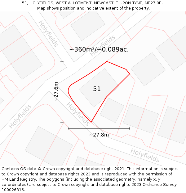 51, HOLYFIELDS, WEST ALLOTMENT, NEWCASTLE UPON TYNE, NE27 0EU: Plot and title map