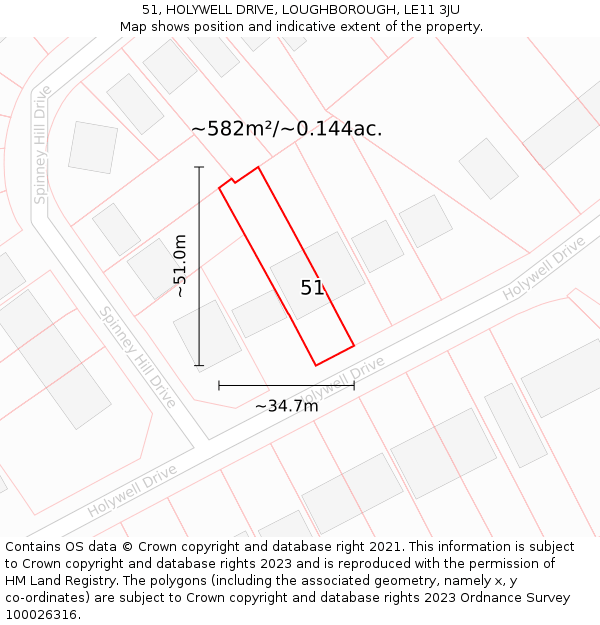 51, HOLYWELL DRIVE, LOUGHBOROUGH, LE11 3JU: Plot and title map
