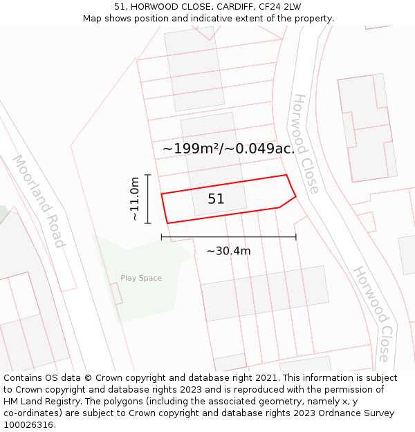 51, HORWOOD CLOSE, CARDIFF, CF24 2LW: Plot and title map