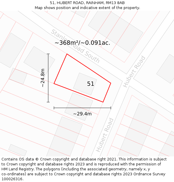 51, HUBERT ROAD, RAINHAM, RM13 8AB: Plot and title map