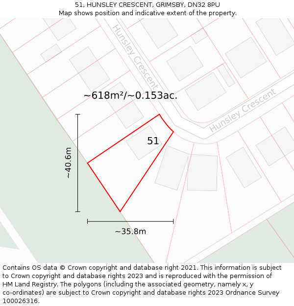 51, HUNSLEY CRESCENT, GRIMSBY, DN32 8PU: Plot and title map