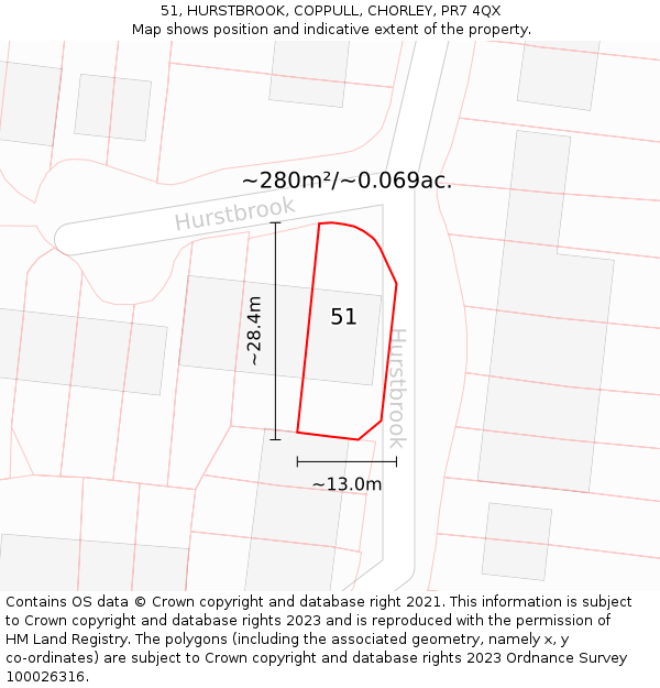 51, HURSTBROOK, COPPULL, CHORLEY, PR7 4QX: Plot and title map