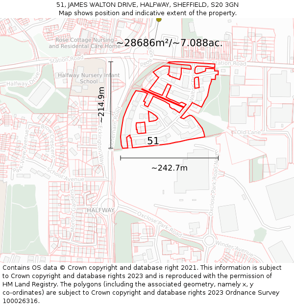 51, JAMES WALTON DRIVE, HALFWAY, SHEFFIELD, S20 3GN: Plot and title map
