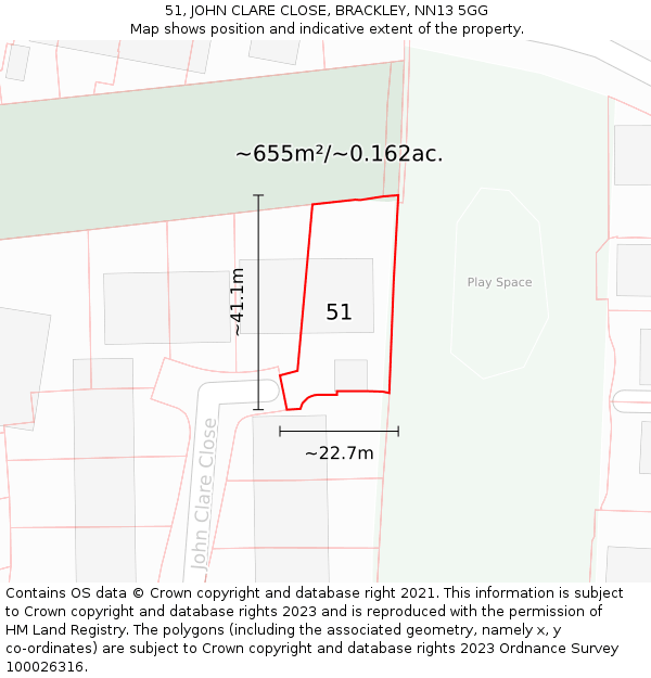 51, JOHN CLARE CLOSE, BRACKLEY, NN13 5GG: Plot and title map
