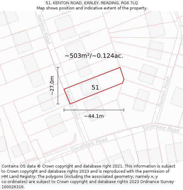 51, KENTON ROAD, EARLEY, READING, RG6 7LQ: Plot and title map