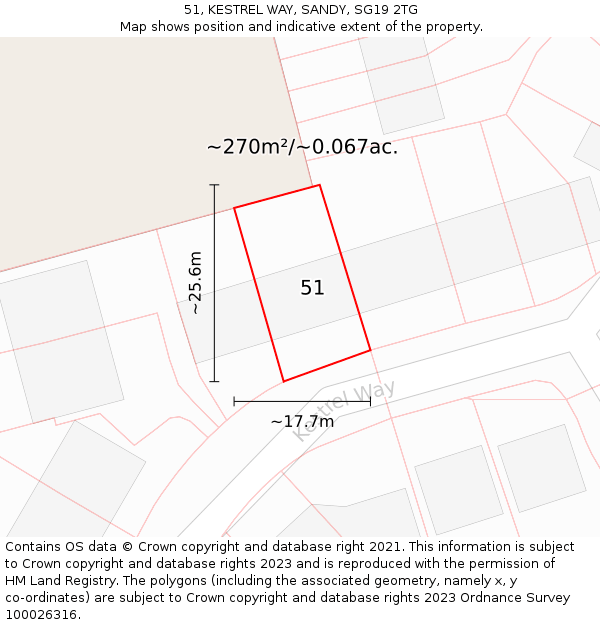 51, KESTREL WAY, SANDY, SG19 2TG: Plot and title map