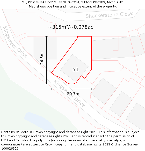 51, KINGSWEAR DRIVE, BROUGHTON, MILTON KEYNES, MK10 9NZ: Plot and title map