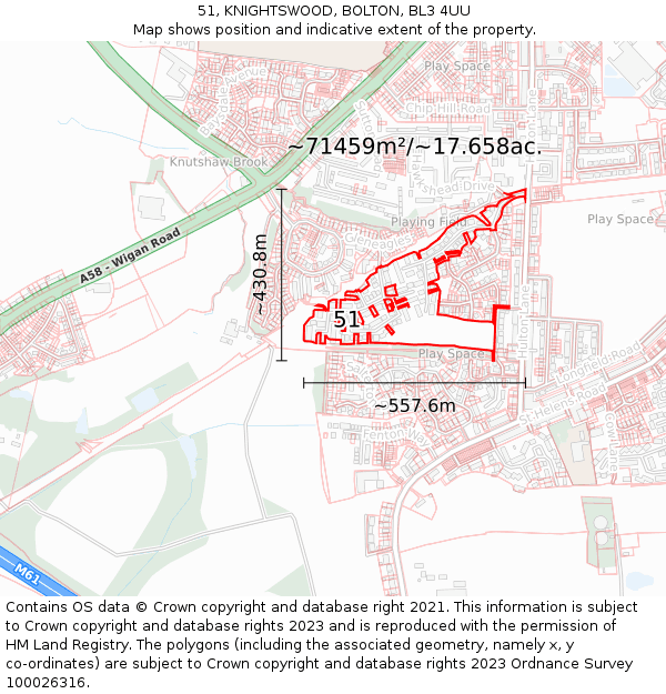 51, KNIGHTSWOOD, BOLTON, BL3 4UU: Plot and title map