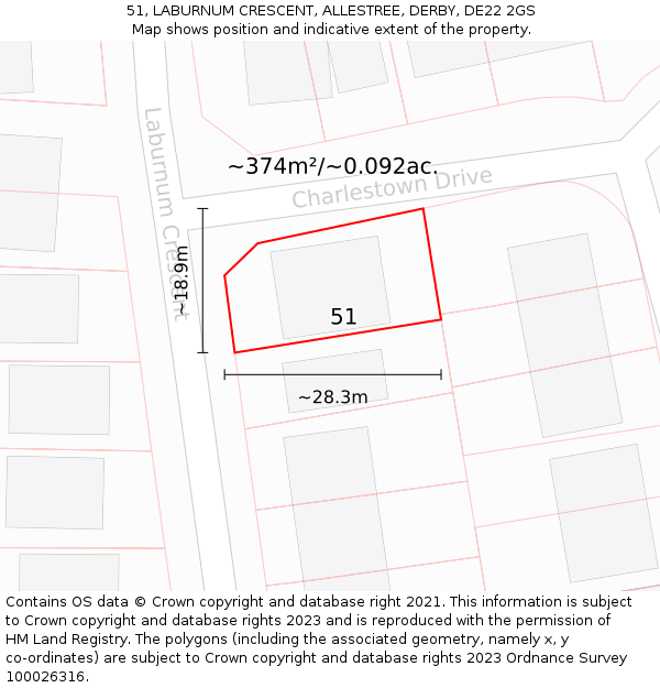51, LABURNUM CRESCENT, ALLESTREE, DERBY, DE22 2GS: Plot and title map