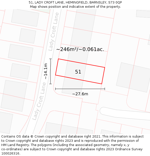 51, LADY CROFT LANE, HEMINGFIELD, BARNSLEY, S73 0QP: Plot and title map