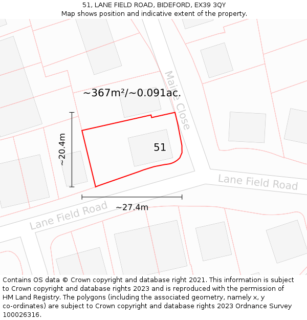 51, LANE FIELD ROAD, BIDEFORD, EX39 3QY: Plot and title map