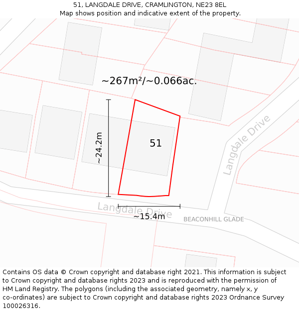 51, LANGDALE DRIVE, CRAMLINGTON, NE23 8EL: Plot and title map