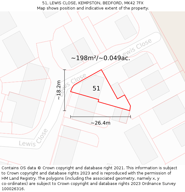 51, LEWIS CLOSE, KEMPSTON, BEDFORD, MK42 7FX: Plot and title map