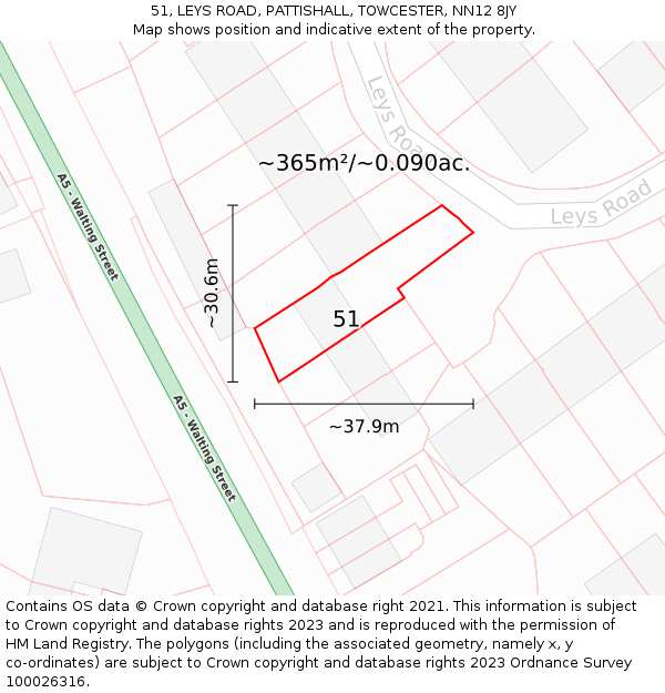 51, LEYS ROAD, PATTISHALL, TOWCESTER, NN12 8JY: Plot and title map