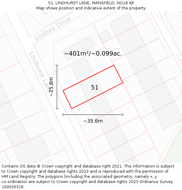 51, LINDHURST LANE, MANSFIELD, NG18 4JF: Plot and title map