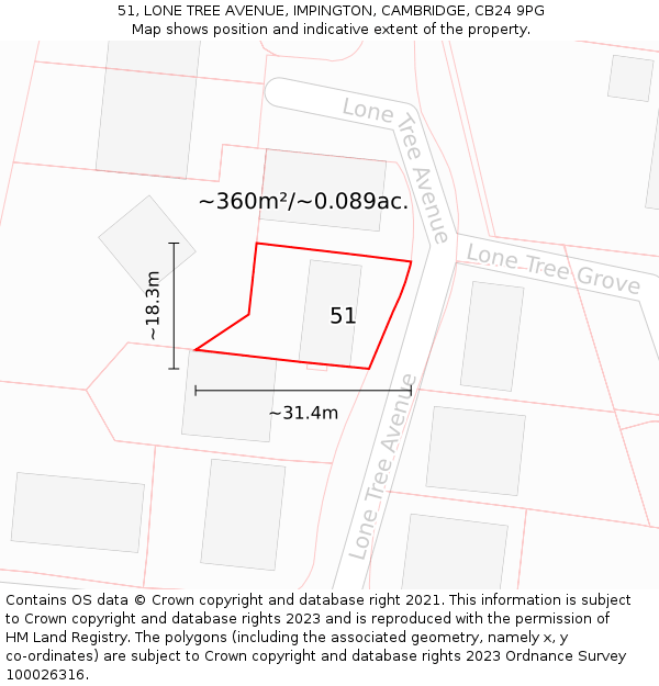 51, LONE TREE AVENUE, IMPINGTON, CAMBRIDGE, CB24 9PG: Plot and title map