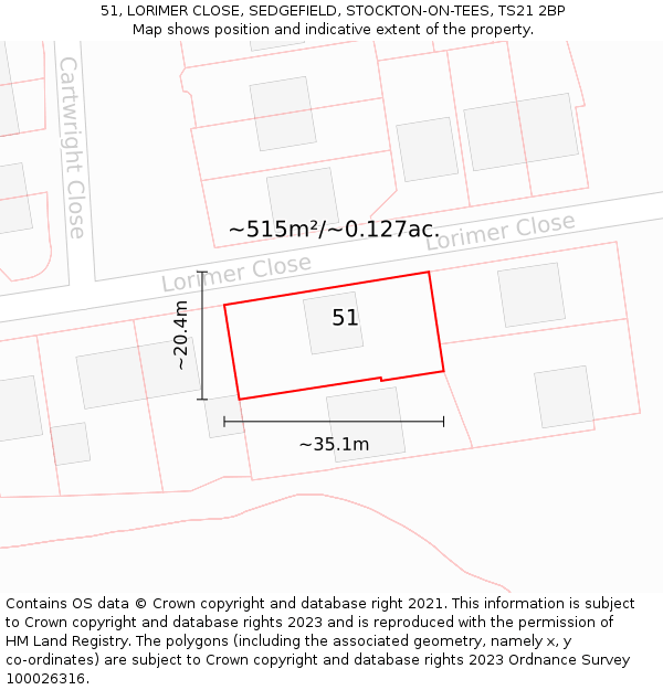 51, LORIMER CLOSE, SEDGEFIELD, STOCKTON-ON-TEES, TS21 2BP: Plot and title map