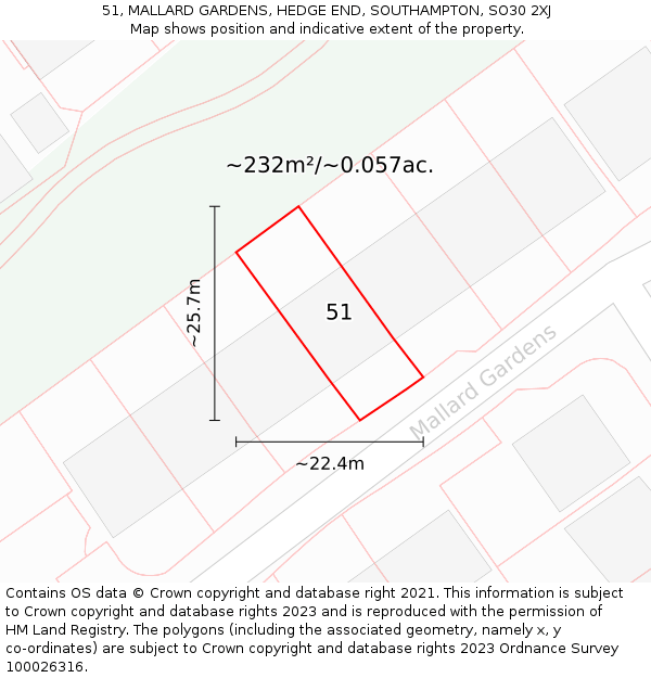 51, MALLARD GARDENS, HEDGE END, SOUTHAMPTON, SO30 2XJ: Plot and title map