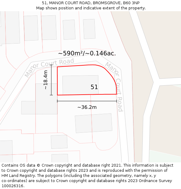 51, MANOR COURT ROAD, BROMSGROVE, B60 3NP: Plot and title map