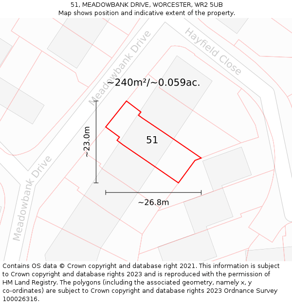 51, MEADOWBANK DRIVE, WORCESTER, WR2 5UB: Plot and title map
