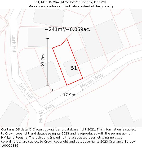 51, MERLIN WAY, MICKLEOVER, DERBY, DE3 0SL: Plot and title map