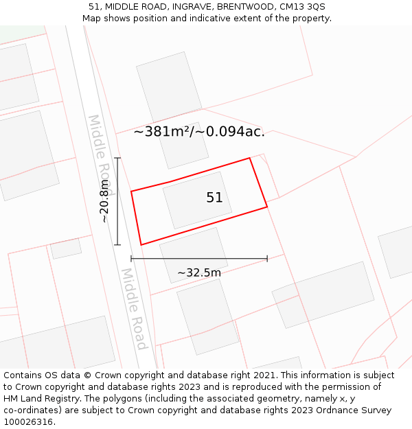 51, MIDDLE ROAD, INGRAVE, BRENTWOOD, CM13 3QS: Plot and title map
