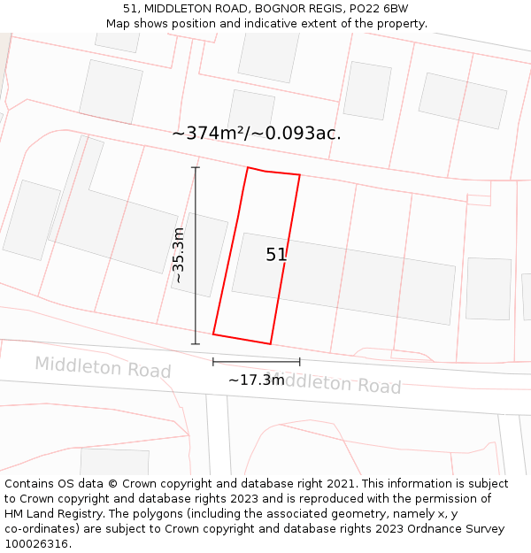 51, MIDDLETON ROAD, BOGNOR REGIS, PO22 6BW: Plot and title map