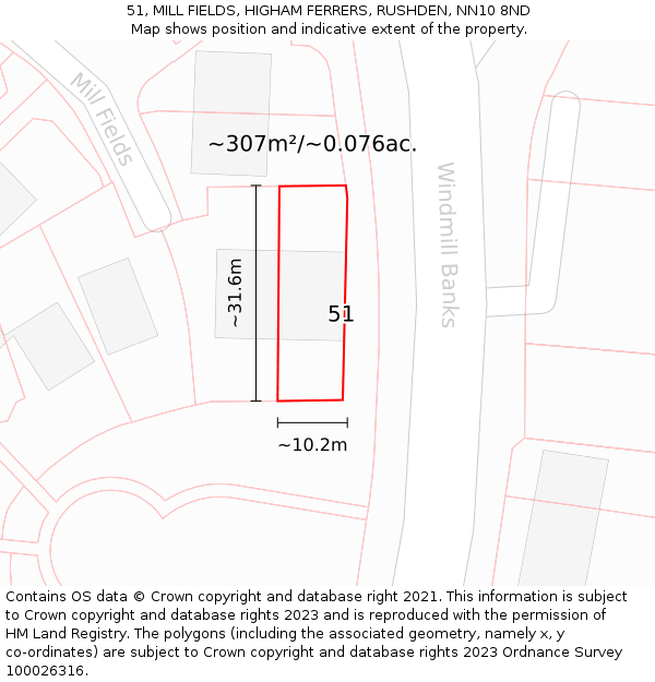 51, MILL FIELDS, HIGHAM FERRERS, RUSHDEN, NN10 8ND: Plot and title map