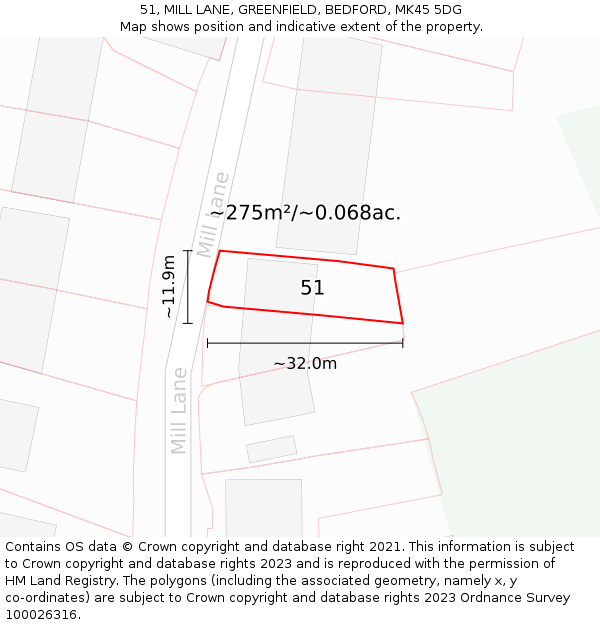 51, MILL LANE, GREENFIELD, BEDFORD, MK45 5DG: Plot and title map