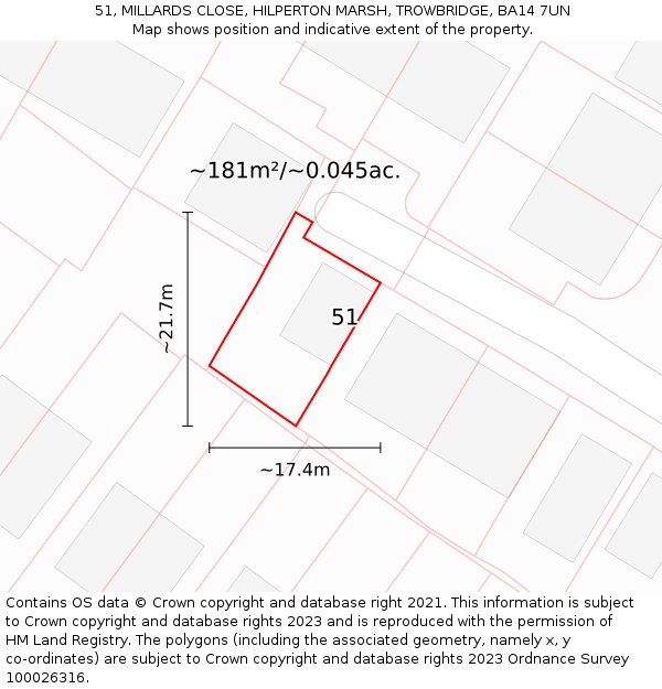 51, MILLARDS CLOSE, HILPERTON MARSH, TROWBRIDGE, BA14 7UN: Plot and title map