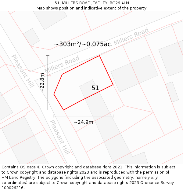 51, MILLERS ROAD, TADLEY, RG26 4LN: Plot and title map