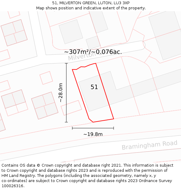 51, MILVERTON GREEN, LUTON, LU3 3XP: Plot and title map