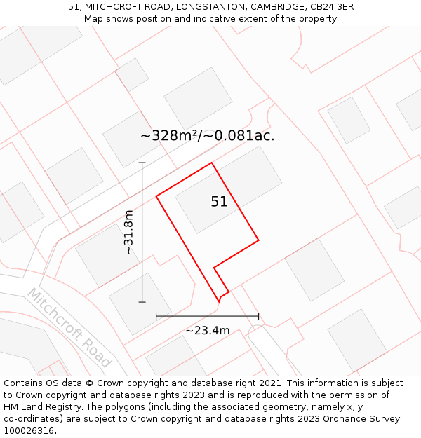 51, MITCHCROFT ROAD, LONGSTANTON, CAMBRIDGE, CB24 3ER: Plot and title map