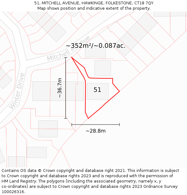 51, MITCHELL AVENUE, HAWKINGE, FOLKESTONE, CT18 7QY: Plot and title map