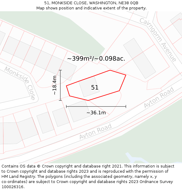 51, MONKSIDE CLOSE, WASHINGTON, NE38 0QB: Plot and title map