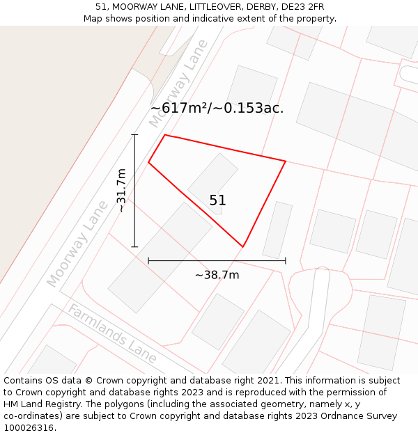 51, MOORWAY LANE, LITTLEOVER, DERBY, DE23 2FR: Plot and title map