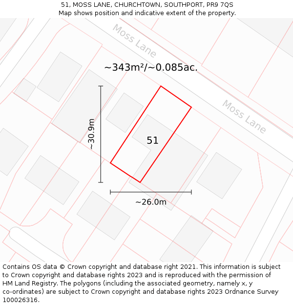 51, MOSS LANE, CHURCHTOWN, SOUTHPORT, PR9 7QS: Plot and title map