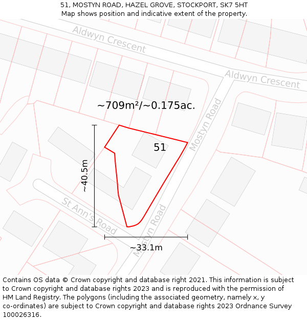 51, MOSTYN ROAD, HAZEL GROVE, STOCKPORT, SK7 5HT: Plot and title map